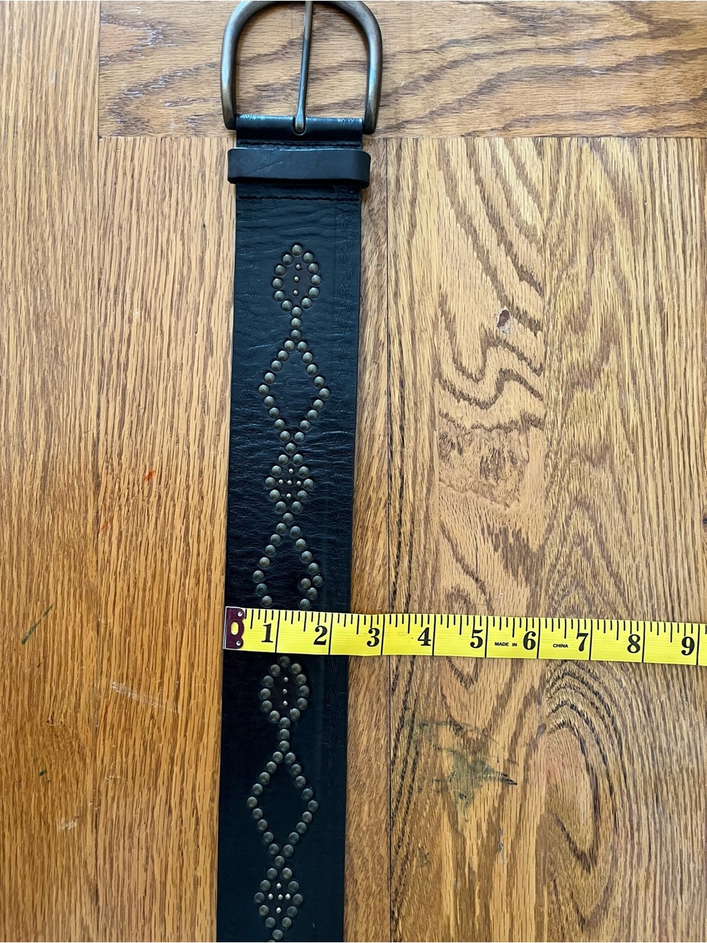 Women Dark Brown Genuine Leather Studded Belt with Antiqued Buckle